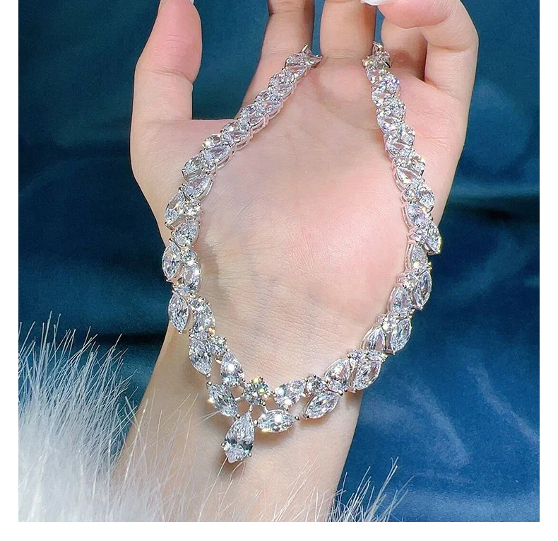 Nieuwe Volledig Diamanten Ingelegde Ketting Geïmporteerd High Carbon Diamant Crushed Ice Set Trouwjurk Verloving Dames Sieraden