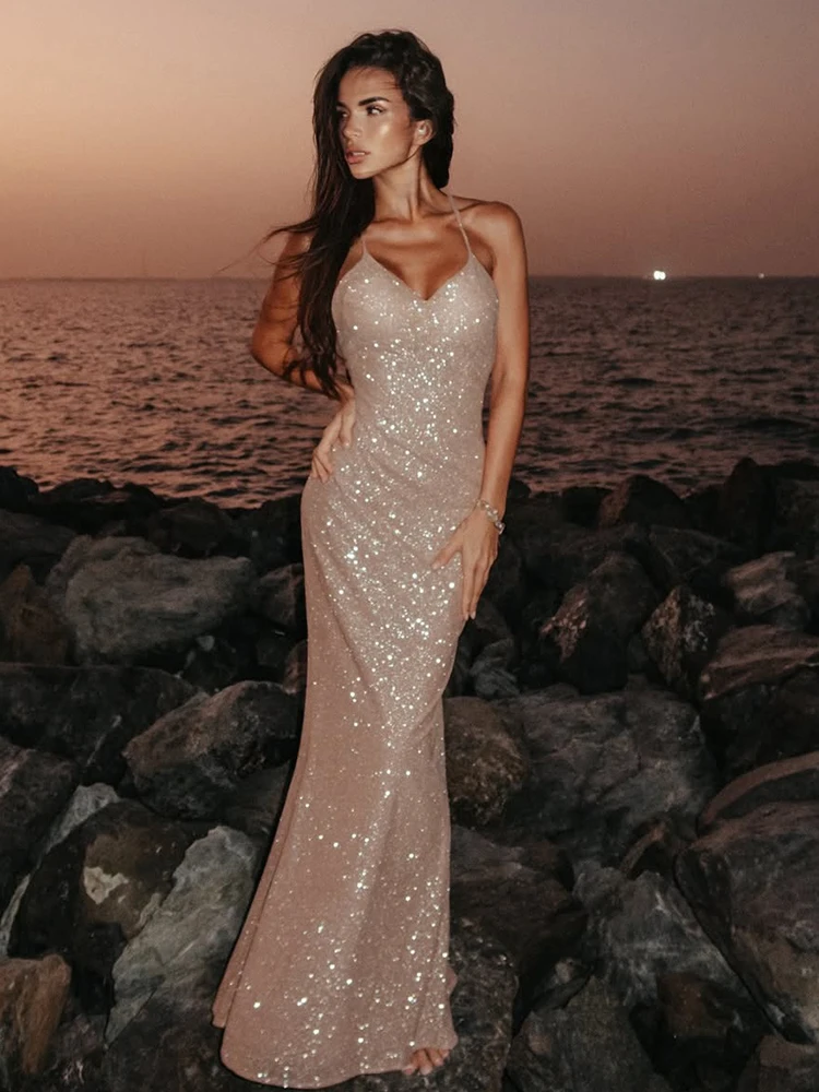 Nibber Fashion Sleeveless Dress Women Sequin Cross Backless V-Neck Coquette Party Club Stretch Elegant Beach Sexy Long Bodycon