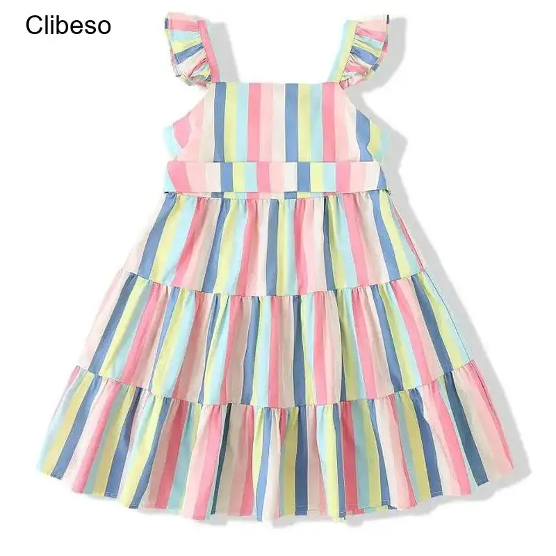 

2024 летнее платье для девочек Clibeso, хлопковые платья-трапеции С Разноцветными полосками и летающим рукавом, платья принцессы, элегантная и милая детская одежда