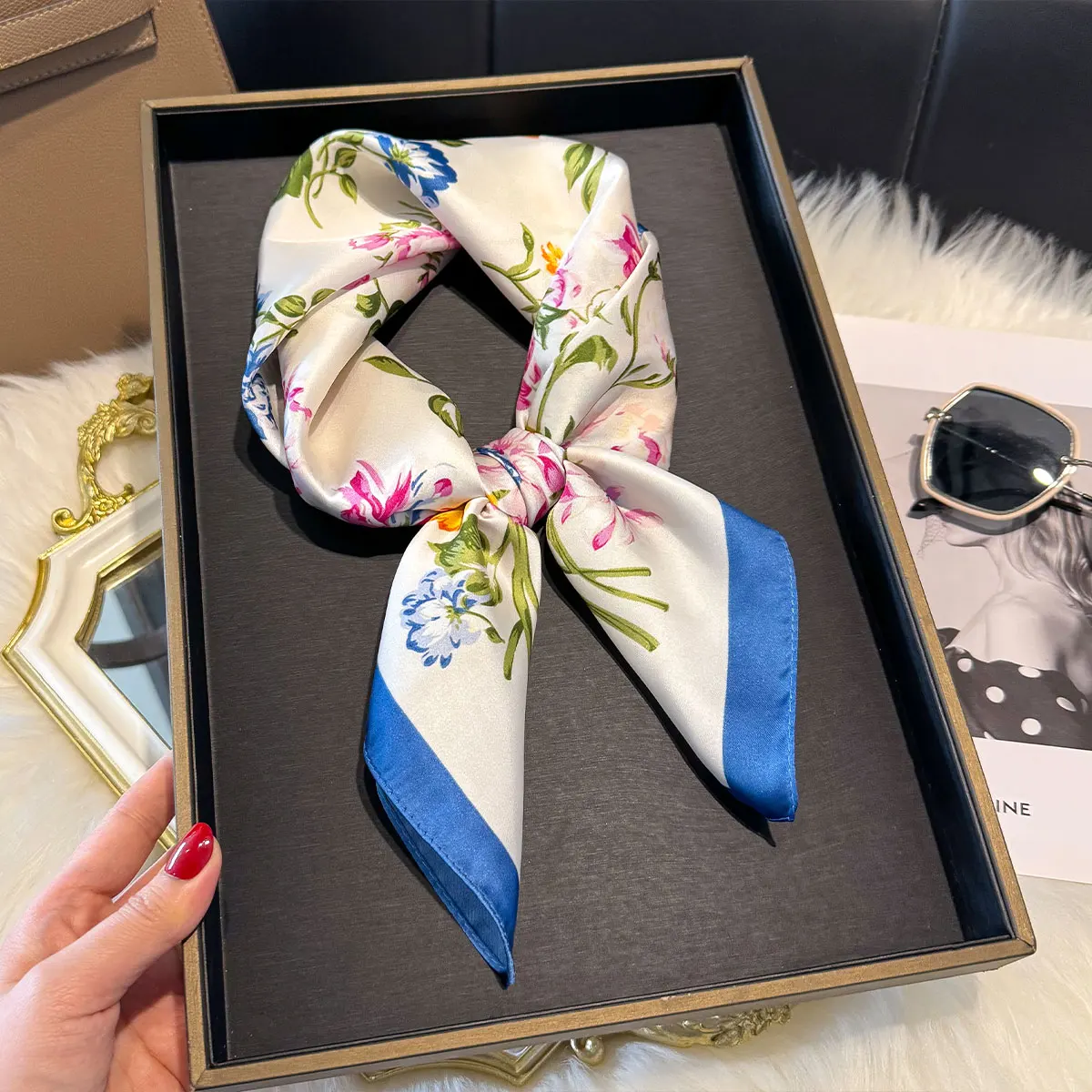 Spring and Autumn NEW Floral Square Scarf Women Satin Shawl Wrap Hijab Female Hair Luxury Headkerchief Sun Protection Bandana