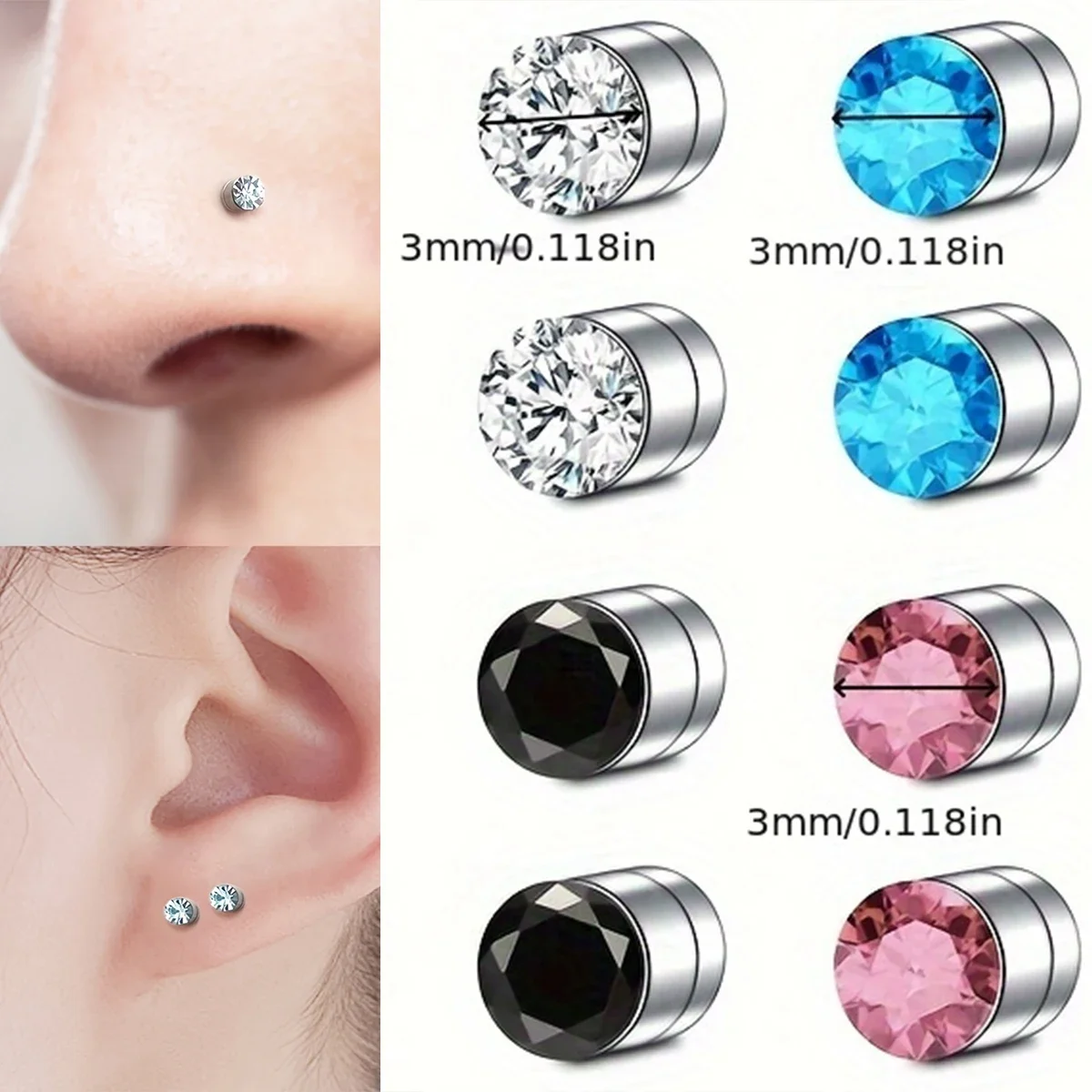 Simple Stainless Steel Magnetic Nose Stud Earrings 2-12Pcs 3mm Non-Pierced Body Jewelry For Male and female