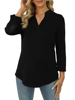 Women's V Neck Business Casual 3/4 Sleeve Shirts Loose Work Blouses 1