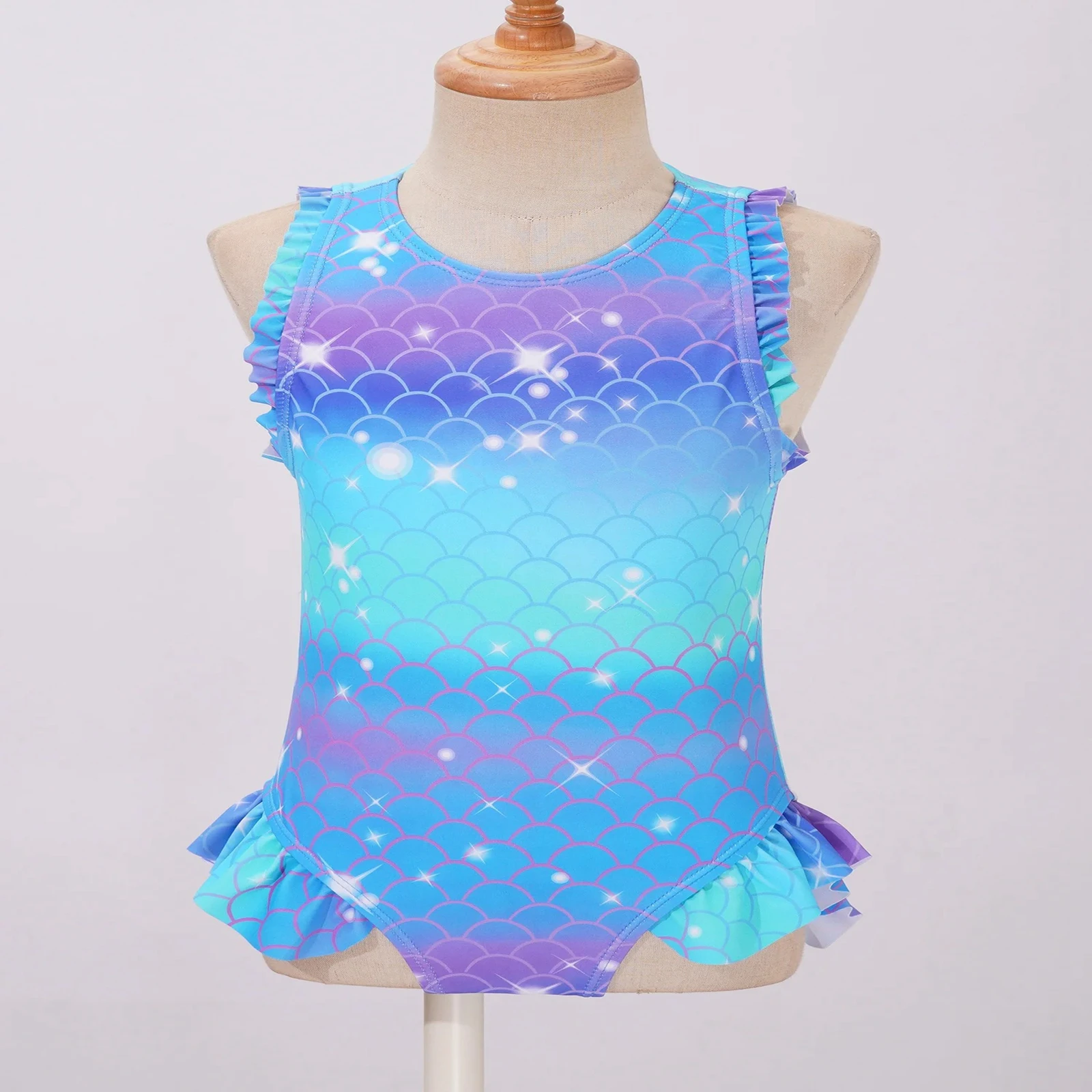 Children Swimsuit Kids Girls Mermaid Swimsuit Sleeveless Fish Scales Print Ruffle Flounce Jumpsuit Bathing Suit Pool Beach Athletic Swimwear