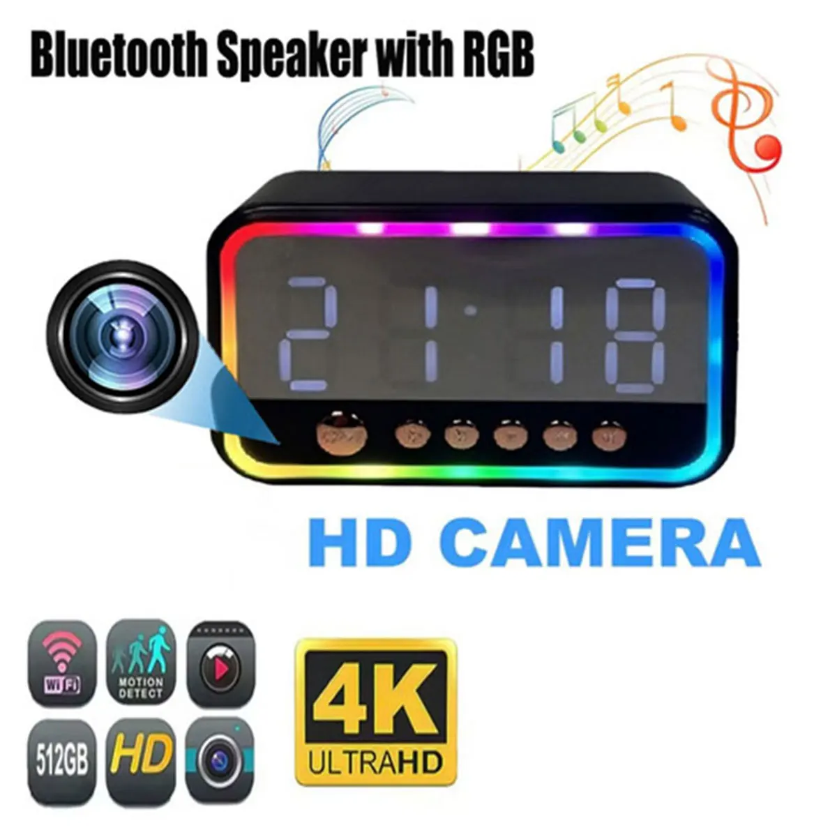 מצלמת שעון מעורר WiFi 4K HD RGB רמקול צבעוני Bluetooh לצפייה מרחוק בבית עם זיהוי תנועה וידאו רדיו FM