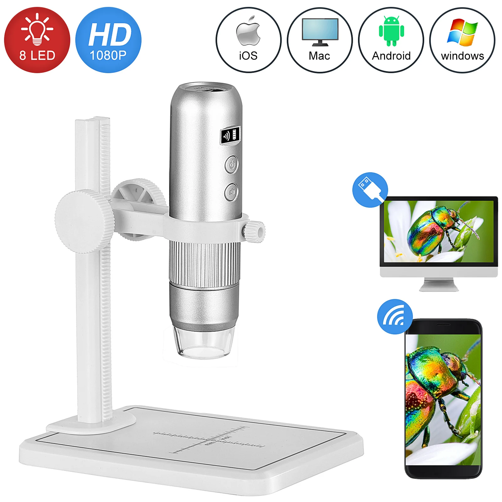 Wireless Handheld Digital Microscope 1000X Portable USB WiFi Microscopes MS4 Magnifier With 8 LED Bracket For Android IOS PC