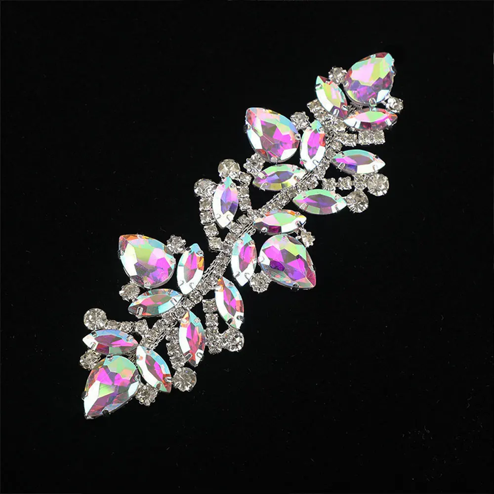 Wedding Dress & Shoe Decoration Appliqué - Gold Silver AB Crystal Leaf Glass Rhinestone Chain Fringe Sew-on Garment Accessory - 3