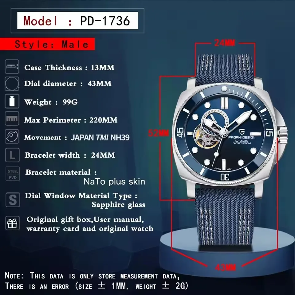 Pagani Design 1736 Orologio Automatico Uomo – Movimento NH39 Giapponese, Cristallo Zaffiro, 200m Impermeabile, Cinturino Nylon - 2