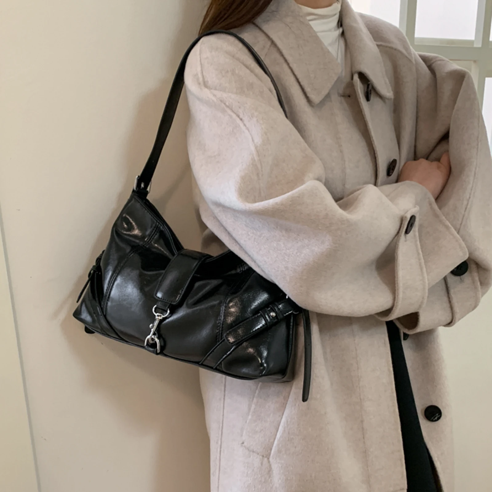 PU Leather Versatile Shoulder Bag Solid Color Casual Tote Bag Large Capacity Retro Crossbody Bag Evening Underarm Bag