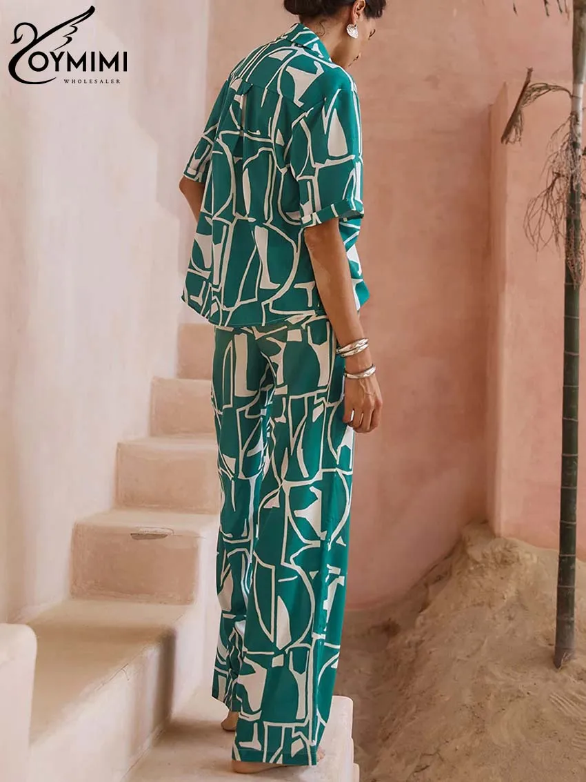 Oymimi Casual Green Print Two Piece Outfits Women Elegant Lapel Short Sleeve Button Shirts And Drawstring Straight Trousers Sets