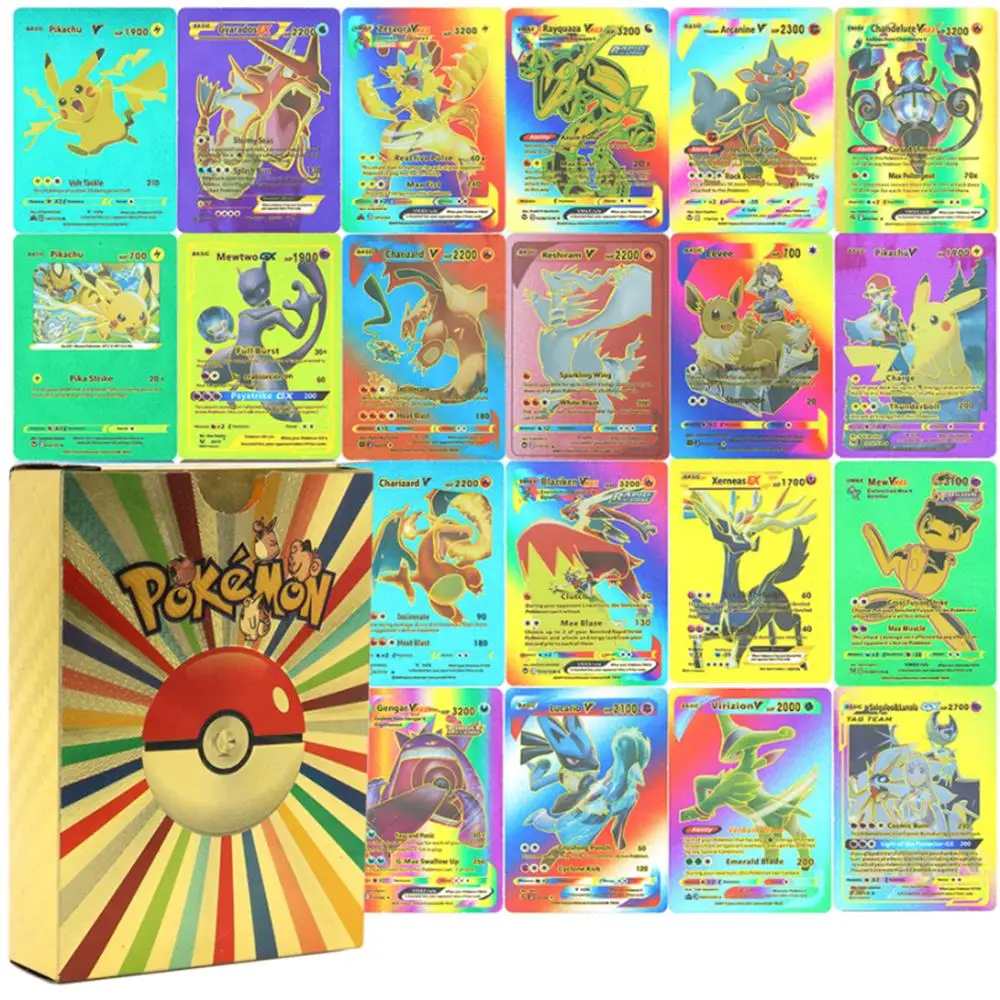 

New Pokemon Colorful Card 55 Pcs Pikachu Charizard Mewtwo English Spanish French German Korean Gold Foil Cards Game Battle