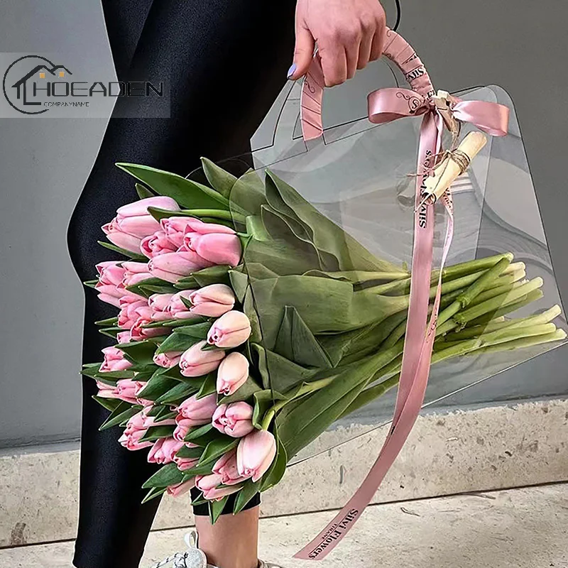 

1Pc Transparent PET Fresh Flower Bouquet Handbag Flowers Wrapping Handbag Festivals Party Rose Package Portable Packing Bag