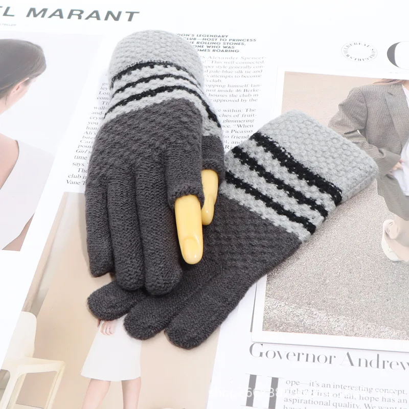Exposed two fingered wool gloves, female autumn and winter knitting, warm and thickened, leaky fingers, male working students,