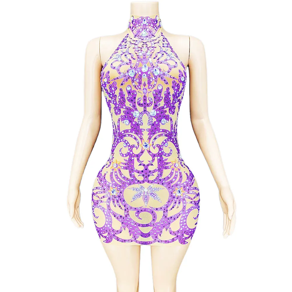 

Multicolored Halter Backless Chinese Style Sexy Shining Crystal Rhinestones Women Dress Festival Party Cloth Stage Perform Wears