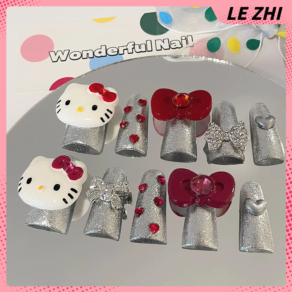 

Red Bow Hello Kitty Euro-american Spice Girl Duck Web Press on Nail Handmade Wearable Silver Match Full Cover Nail Birthday Gift