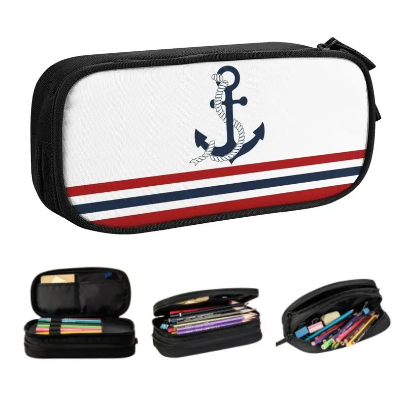 

Nautical Blue Anchors With Stripes Kawaii Pencil Cases Boys Gilrs Large Capacity Sailing Sailor Pencil Bag Students Stationery