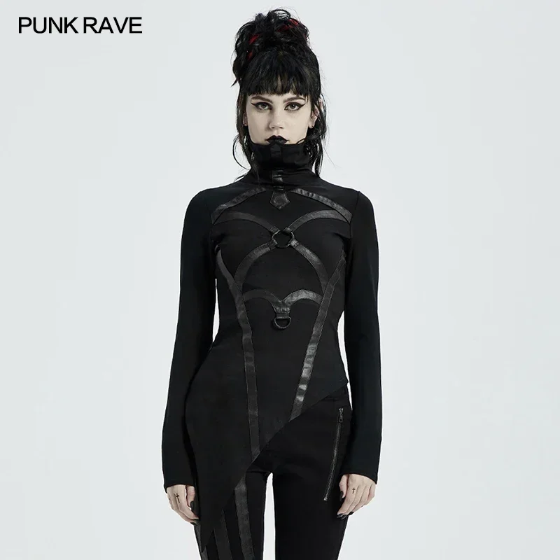 PUNK RAVE Women's Punk High Neck Church Architectural Structure T-shirt Tight Elastic Stage Performance Long Sleeve Black Tops image