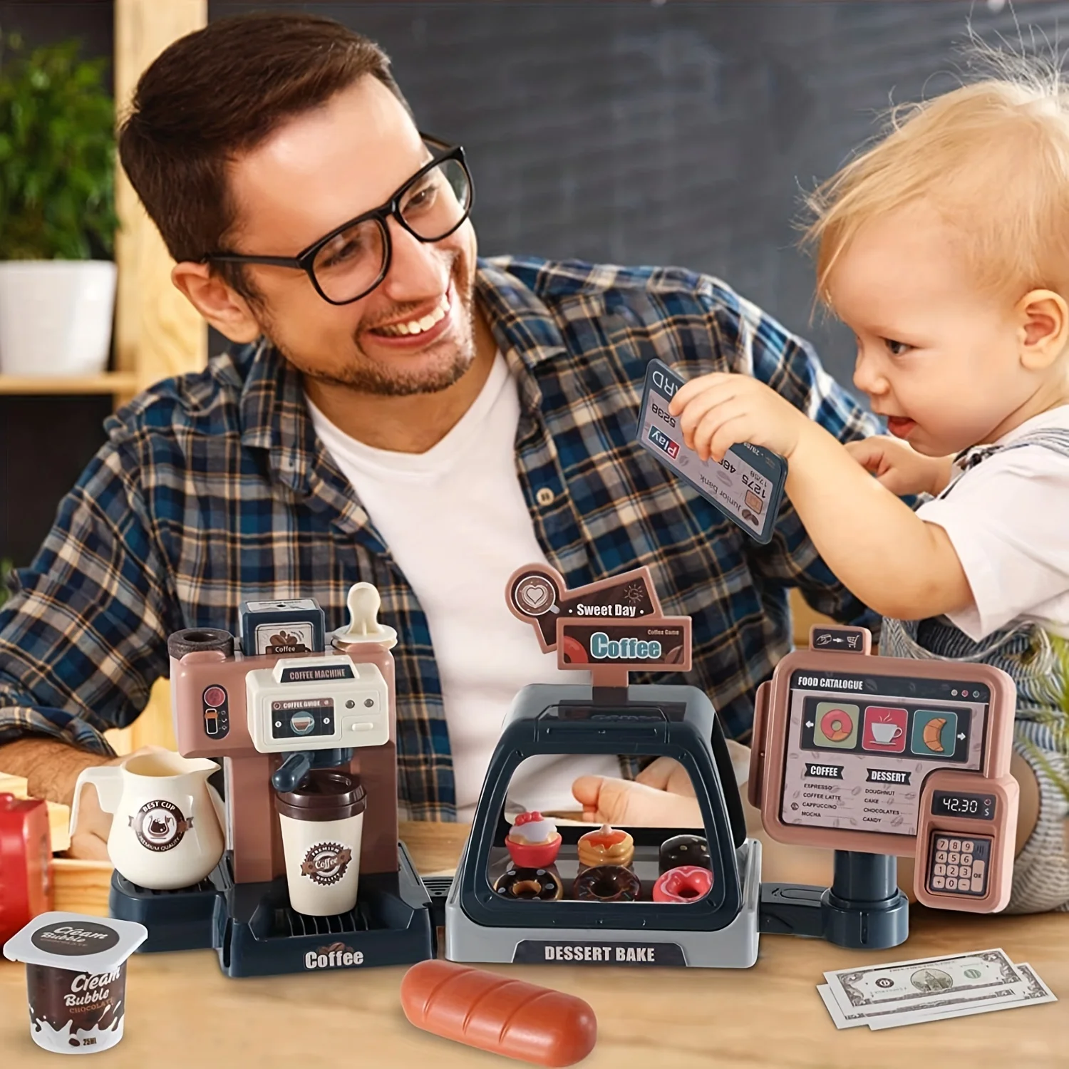 3 In 1 Toy Coffee Maker Machine And Cash Register Kit With Sound Light Pretend Role Play Toy Coffee Maker Machine & Fake Donuts