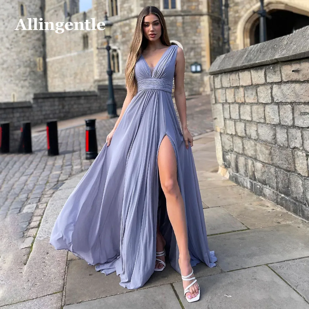 

Allingentle Chiffon Bridesmaid Dresses 2024 A-Line Sleeveless V-Neck Elegant Maxi Dress Side Slit Floor Length Prom Party Gown