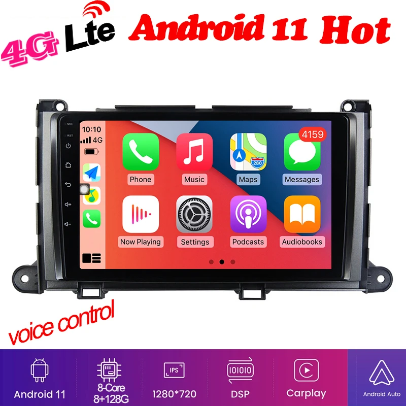Octa core Car stereo radio GPS Android 11 For Toyota Sienna 2010 2011 2012 2013 2014 Carplay Auto 1280*720 8+128G 4G lte |