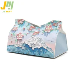 Elegant Portable Leather Floral Tissue Box Holder & Storage Organizer (Blue)