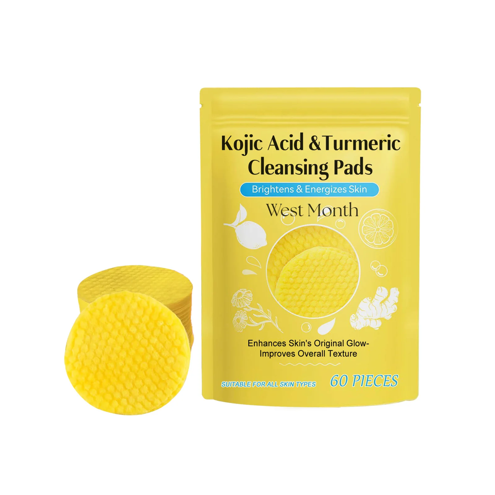 Turmeric Kojic Acid Cleansing Pads Exfoliating Remove Dead Skin Acne Fade Melanin Oil Control Nourish Glow Facial Wash Sponges 2