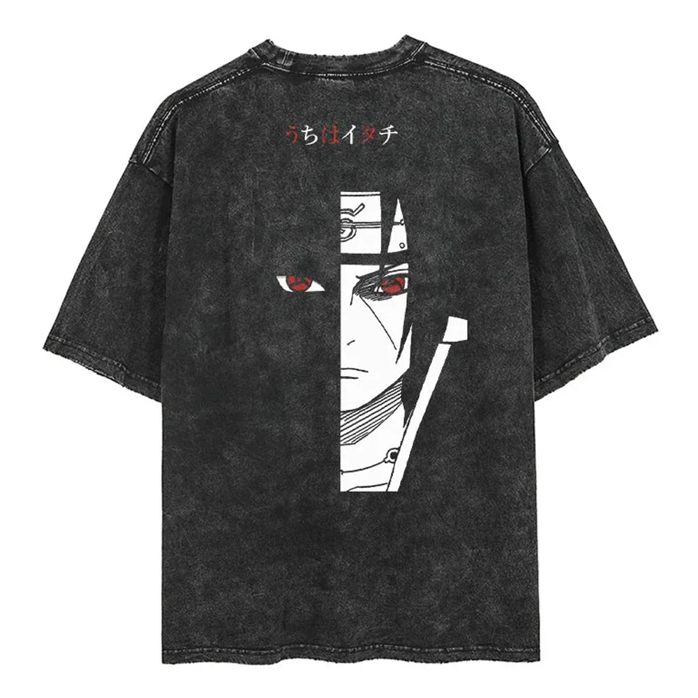Men Streetwear Tshirt Japanese Naruto Anime Graphic T-Shirt Cotton Harajuku Washed T Shirt Summer Hip Hop Tops Tees Black