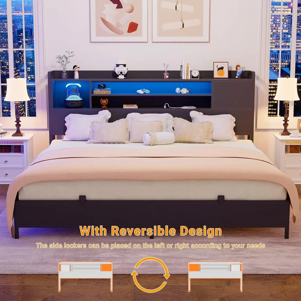 King Bed Frame with Headboard, King Size Metal Platform Bed Frame with Reversible Storage Bookcase Headboard,Noise Free, Black 5