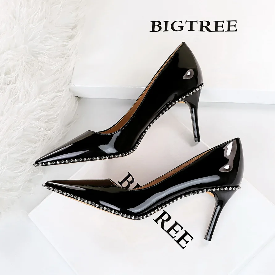 

BIGTREE Shoes 2022 New Rivet Women Pumps Metal Beads High Heels Stiletto Luxurious Kitten Heels Sexy Party Shoes Plus Size 42 43