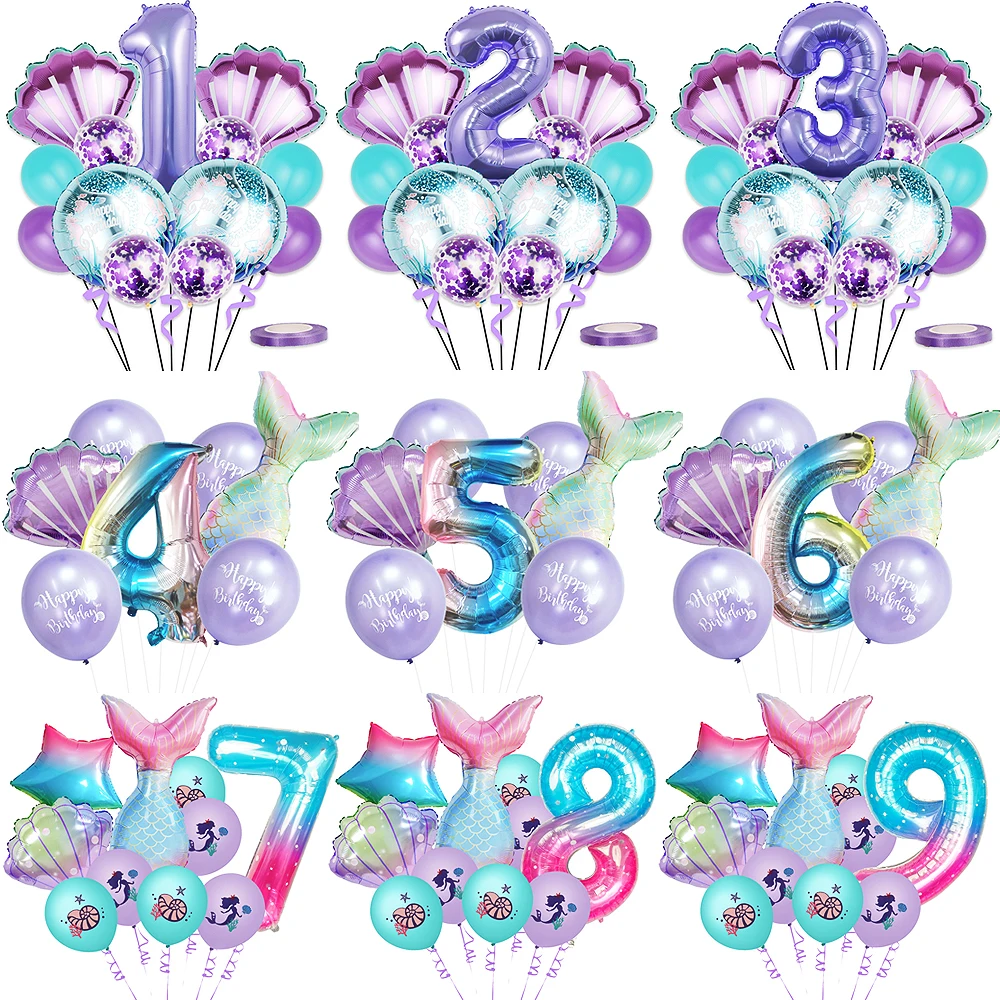 

Mermaid Birthday Balloons Set 32inch Number Foil Balloon Baby Shower Kids Girls Little Mermaid Theme Birthday Party Decorations