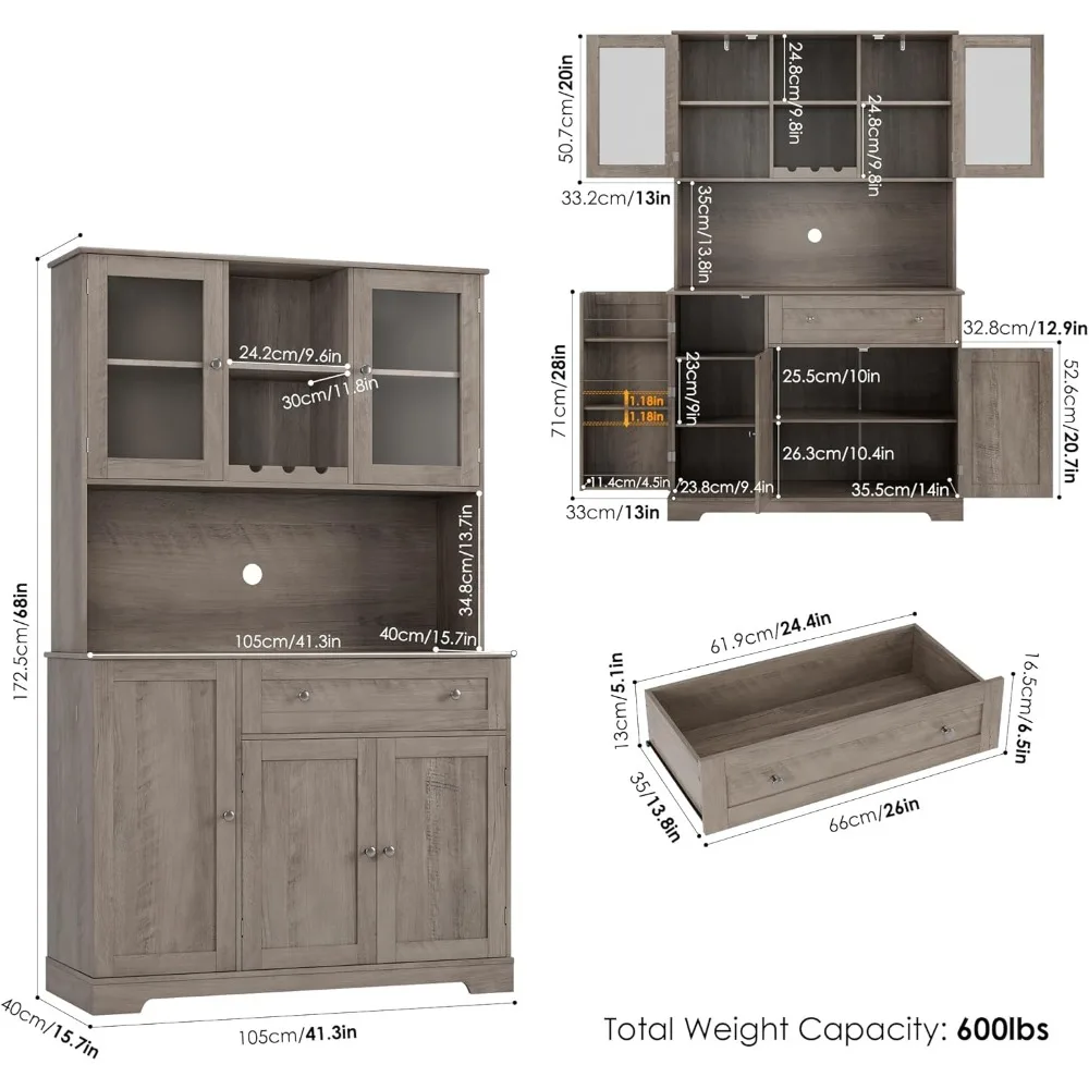 Kitchen Pantry Storage Cabinet, Buffet Cabinet with Hutch, Tall Kitchen Hutch Cabinet with Microwave Stand, Food Pantry