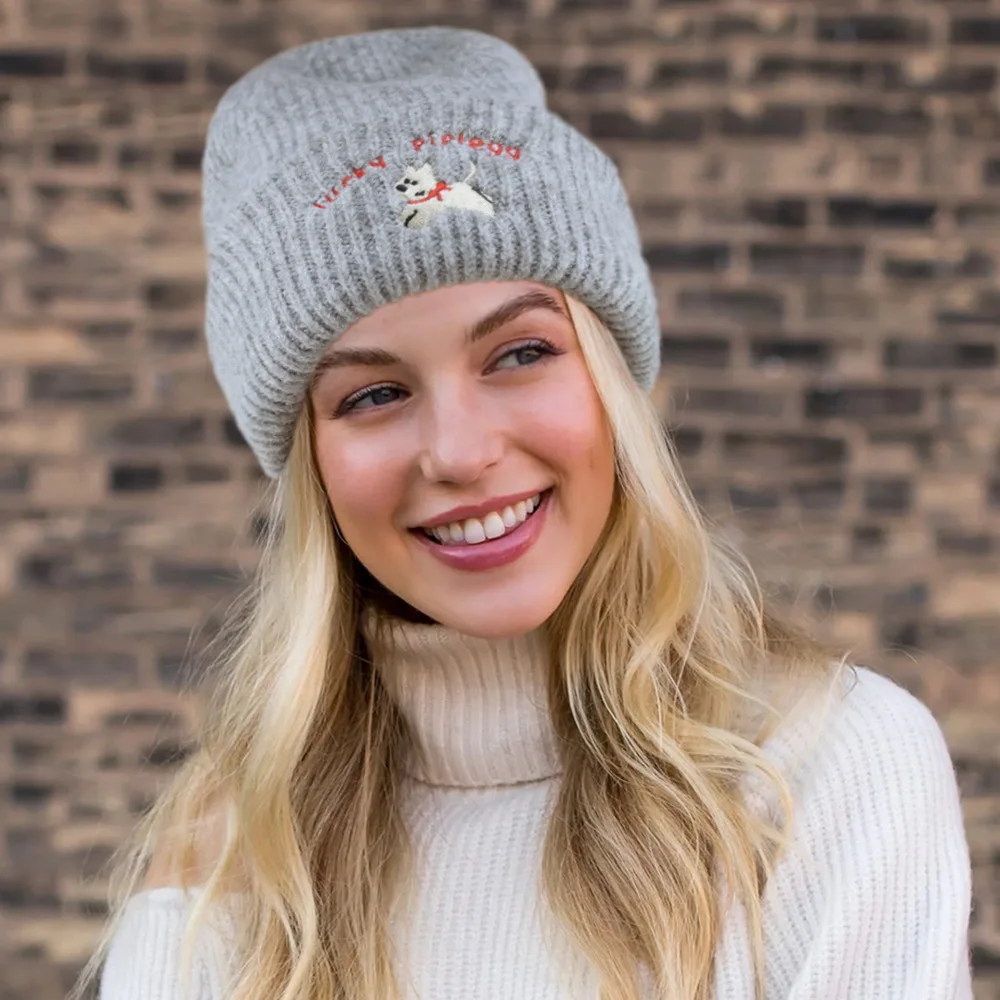 Winter Warm Knitted Wool Hat Embroidery Puppy Ear Protection Beanie Windproof Thermal Anti-cold Slouchy Outdoor Running Cap