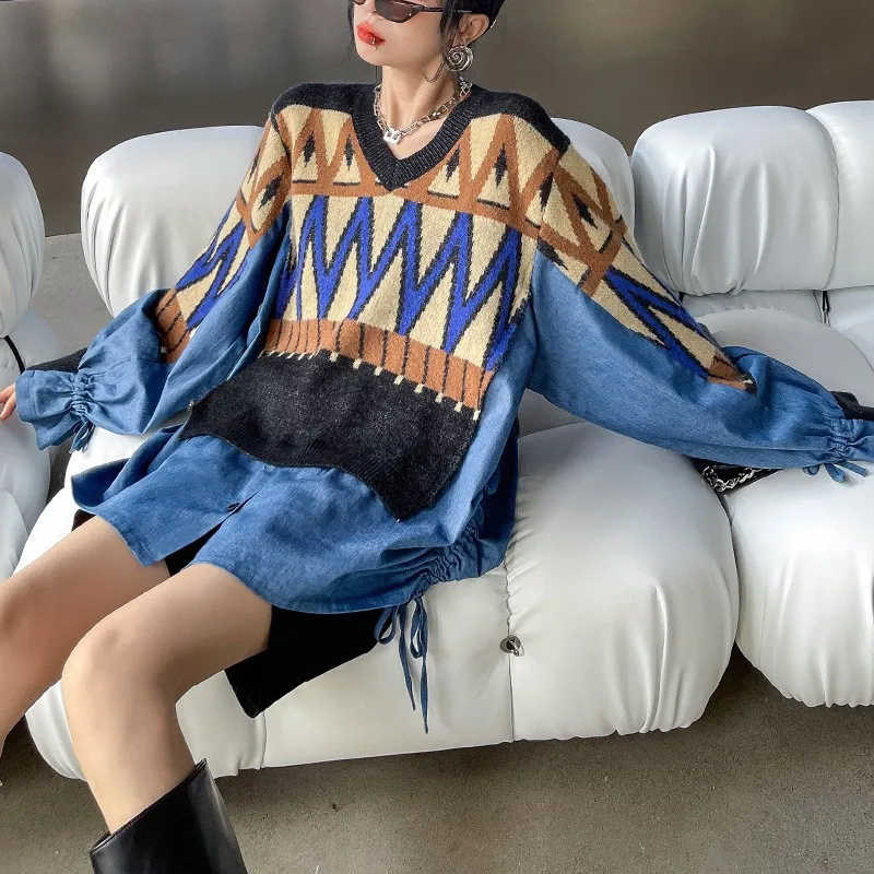 

2023 Autumn Korean Fashion Woman Sweater Casual Pullover Loose Plus Size Fake Two Piece Stitching Denim Long Sleeve Tops Women