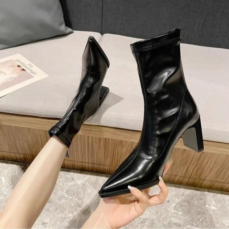 2023 Pointed Toe Ankle Boots Autumn Back Zip Leather Ladies Short Boot Shoes Spring Elegant Thick High Heels for Women Black
