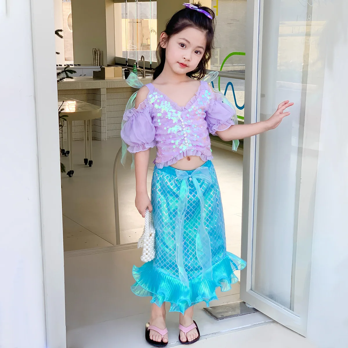 

Girls Sequin Mermaid Princess Dress Cosplay Costume Girl's Puff Sleeve Beach Mermaid Skirt Daily Wearing