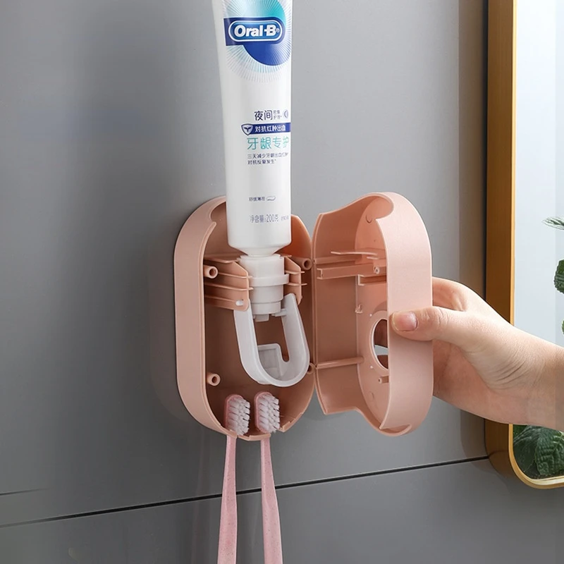 Adhesive automatic toothpaste squeezer set, wall-mounted toothpaste holder, toothbrush rack, wall suction squeezer