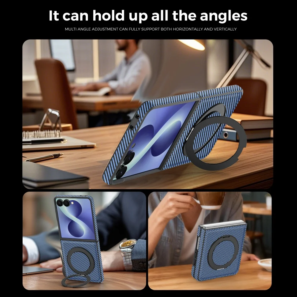 Magnetic Carbon Fiber Kickstand Phone Case with Hinge Protection and Magsafe Holder Compatibility