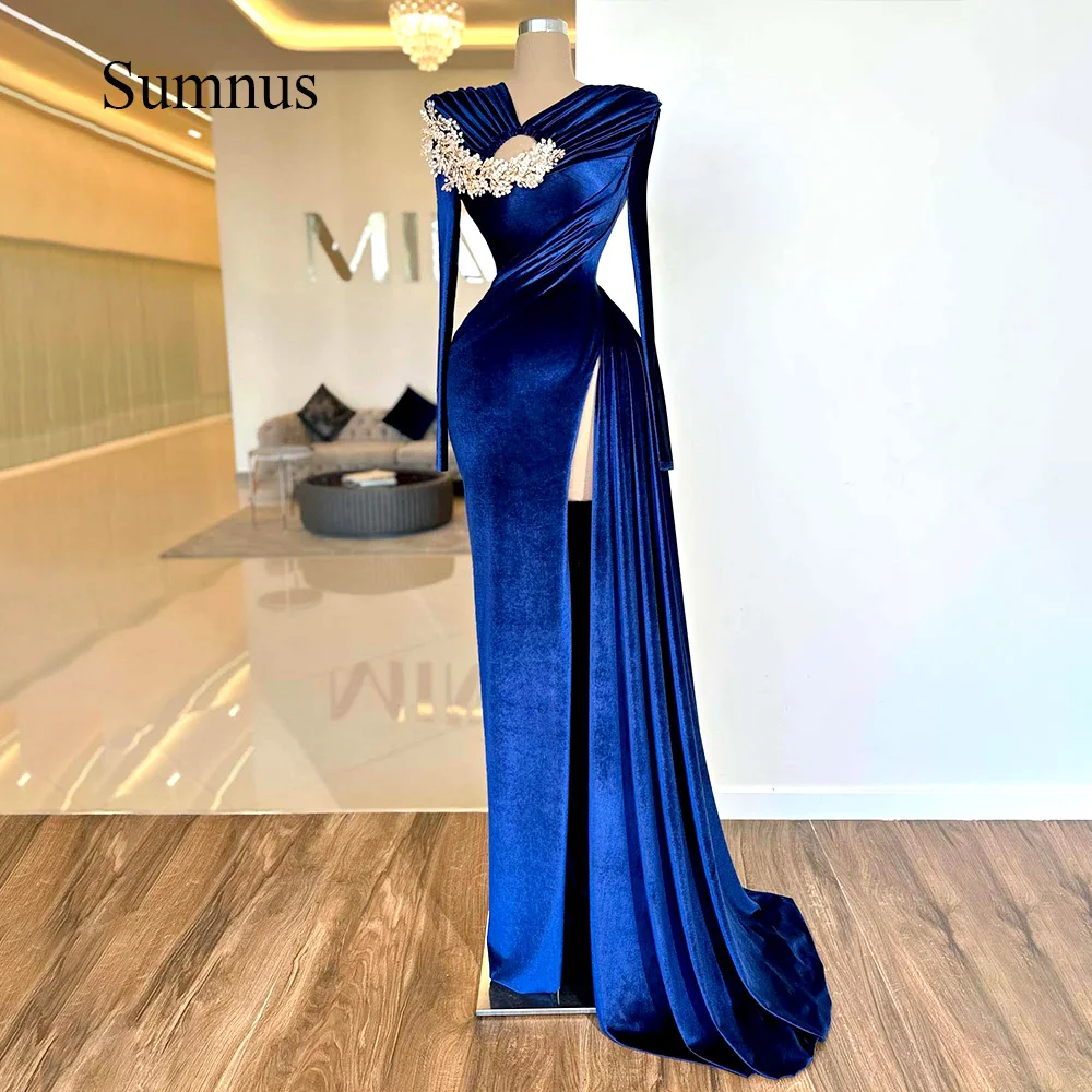 

Sumnus Royal Blue Vevet Mermaid Evening Dresses Beads Long Sleeve Pleats Velour Sexy High Slit Party Prom Dress With Train