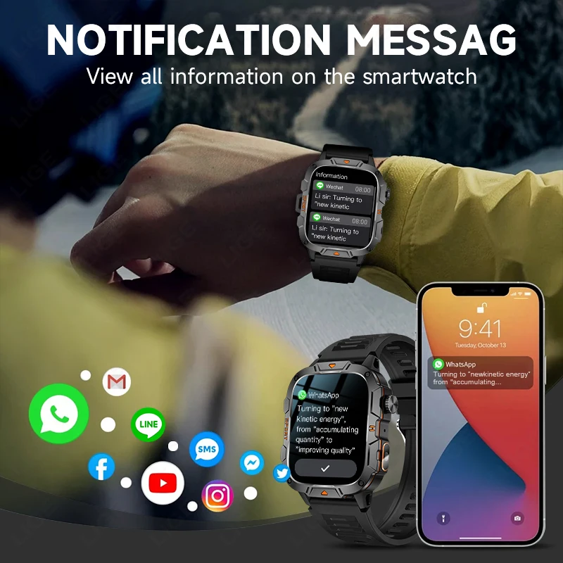 LIGE 2025 Rugged Military Smart Watch Men's Outdoor Watch1.96" HD Touch Screen LED Flashlight Voice Bluetooth Call Smartwatch
