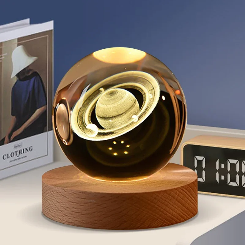 Mystical Galaxy Engraved 3D Crystal Ball with Wood Base