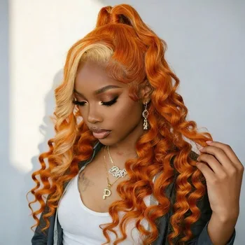 Highlight Orange Color Body Wave 13x4 Hd Lace Front Human Hair Wig Preplucked Deep Wave Ginger Lace Front Curly Wigs 200 Density 1