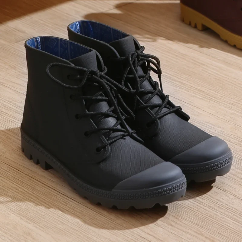 

Winter Warm Rain Boots Men Fashion Lace-Up Motorcycle Outdoors Rain Boots Camping Fishing Shorts Shoes Waterproof Rain Women