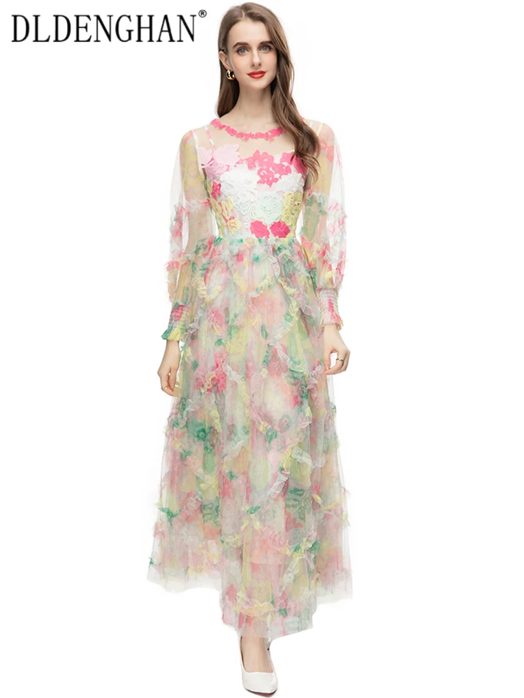 

DLDENGHAN Fashion Early Autumn Mesh Long Dress Women O-Neck Lantern Sleeve Flower Embroidery Ruffles Print Vintage Maxi Dresses