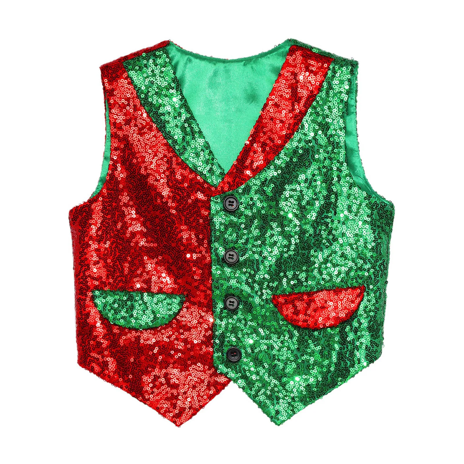 Kids Boys Christmas Sequin Vest Halloween Waistcoat Theme Party Circus Magic Show Cosplay Costume Xmas Elf Santa Clause Dress Up