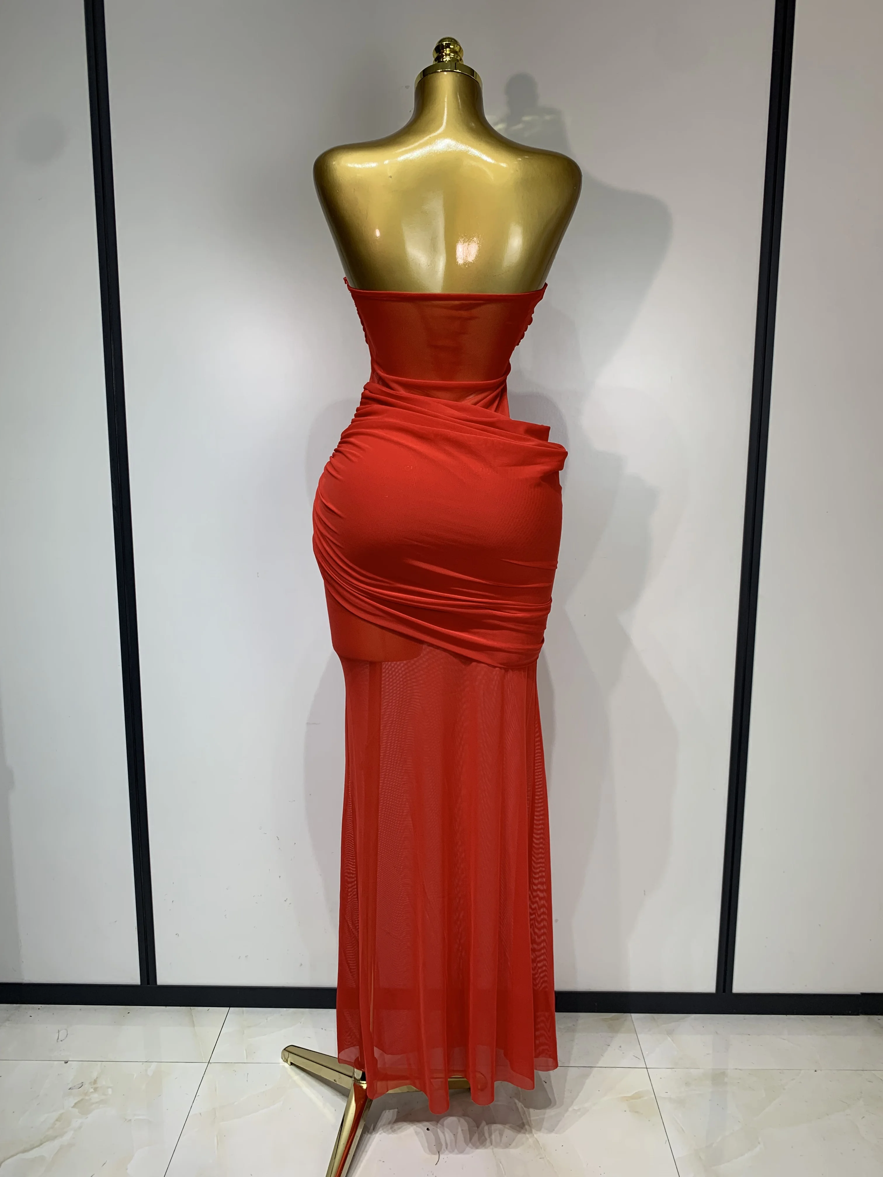 Women Sexy Strapless Mesh See Through Ruched Red Maxi Long Dress 2025  Celebrity Elegant Evening Party Fancy Club Prom Gowns - AliExpress 200000345