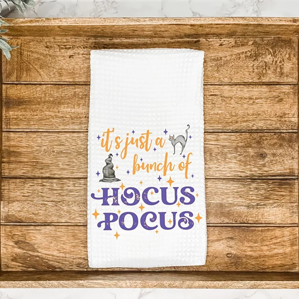 Hocus Pocus Halloween Waffle Tea Towel Fall Farmhouse Hand Dish Towel Fun AirBnb Kitchen Table Decor Housewarming Hostess Gift 6