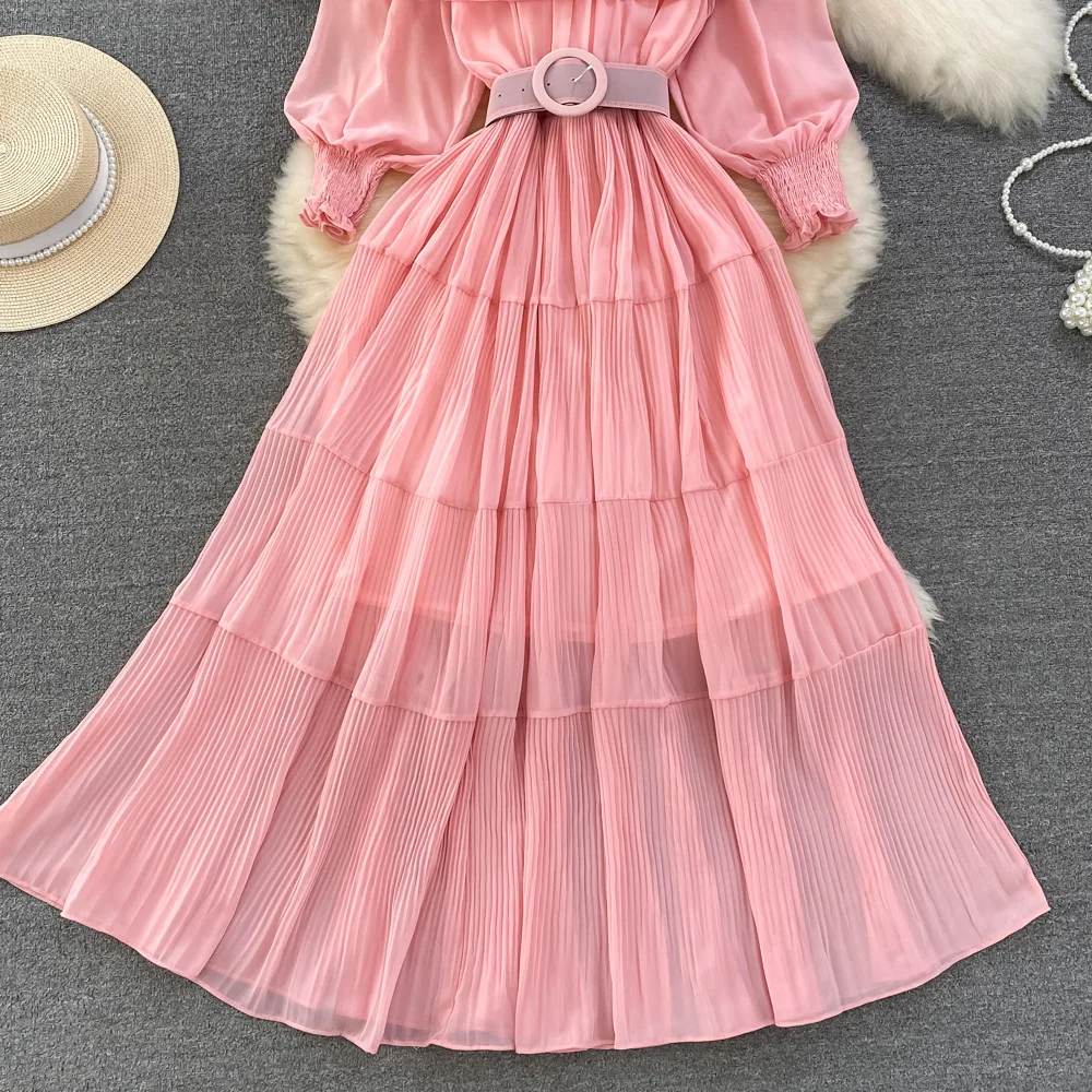 Women Vintage Off Shoulder Dress Chiffon Summer Sweet Lotus Leaf Edge Elegant Pleated Dresses Ladies Evening Party Long Dress