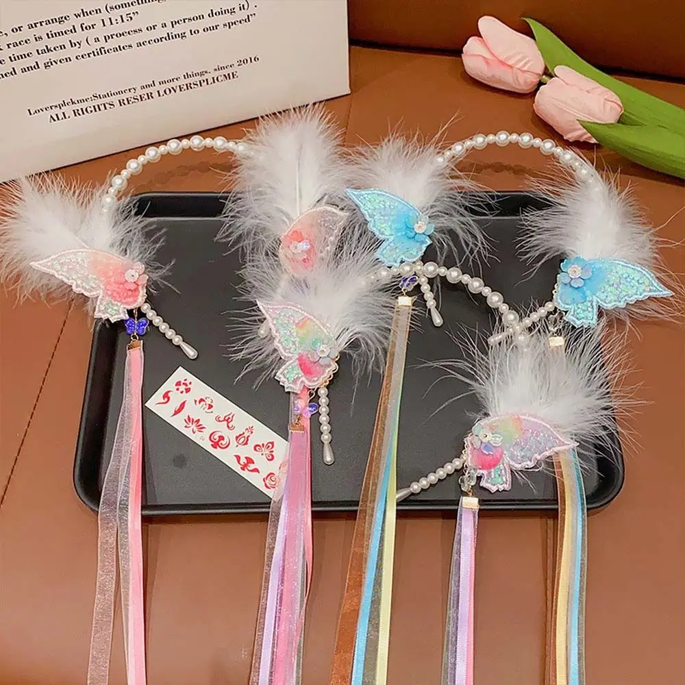 

Korean Pearl Feather Hair Hoop Children Long Tassel Mesh Butterfly Headband Flower Sequin Hair bands Hair Accessories