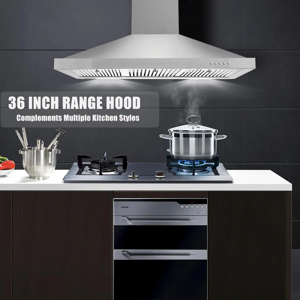 36 inch Range Hood, Wall Mounted Vent Hood in Stainless Steel, Ducted/Ductless Kitchen Hood w/Push Button Control