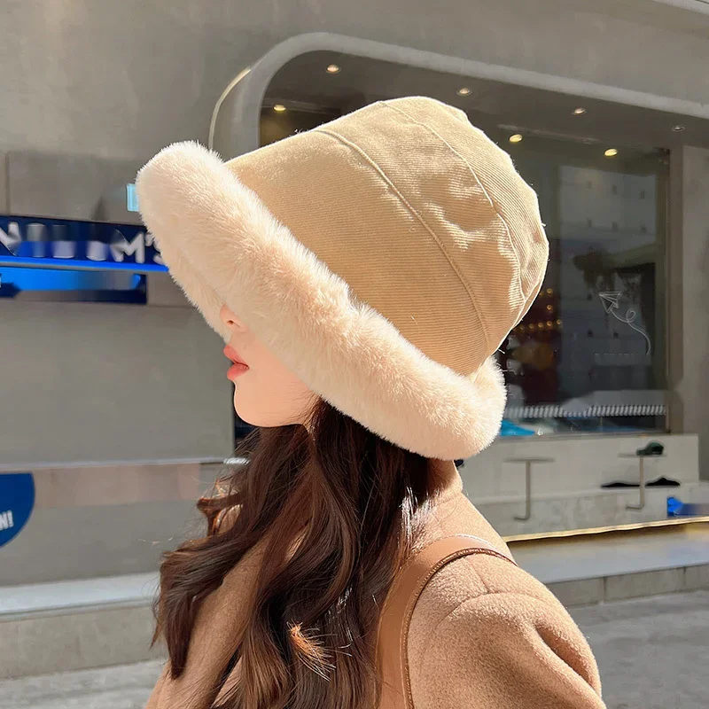 Autumn And Winter Thick Plush Hat Children's Plush Bucket Hat With Rolled Edges Elegant And Windproof Warm Ear Protection Basin Hat_voghion.com