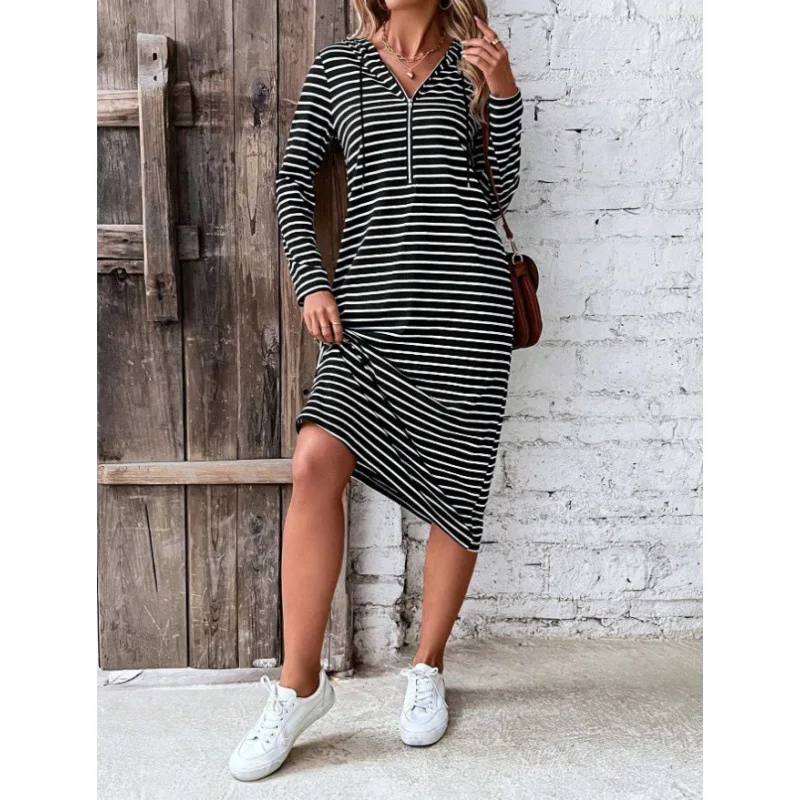 

Autumn Striped Print Dress Women Hooded Zipper V Neck Dresses Full Sleeve Slim Fit Casual Loose A Line Mid Length 2023 Vestidos